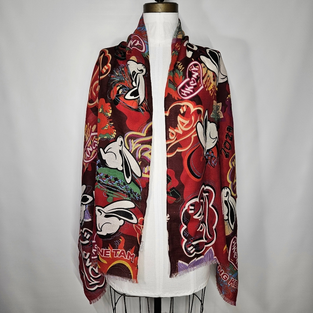 Vivienne Tam 68x27" Scarf Wrap 100% Wool 2023 Rabbit Graffiti Hong Kong Love NY